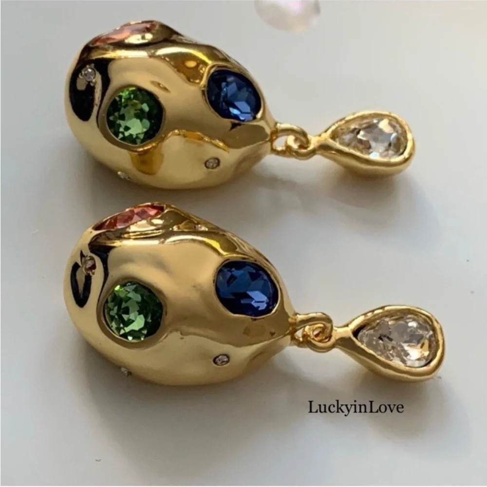 ALEXIS BITTAR • Puffy Crystal Blue Rose Green Gold Molten Drop Earrings